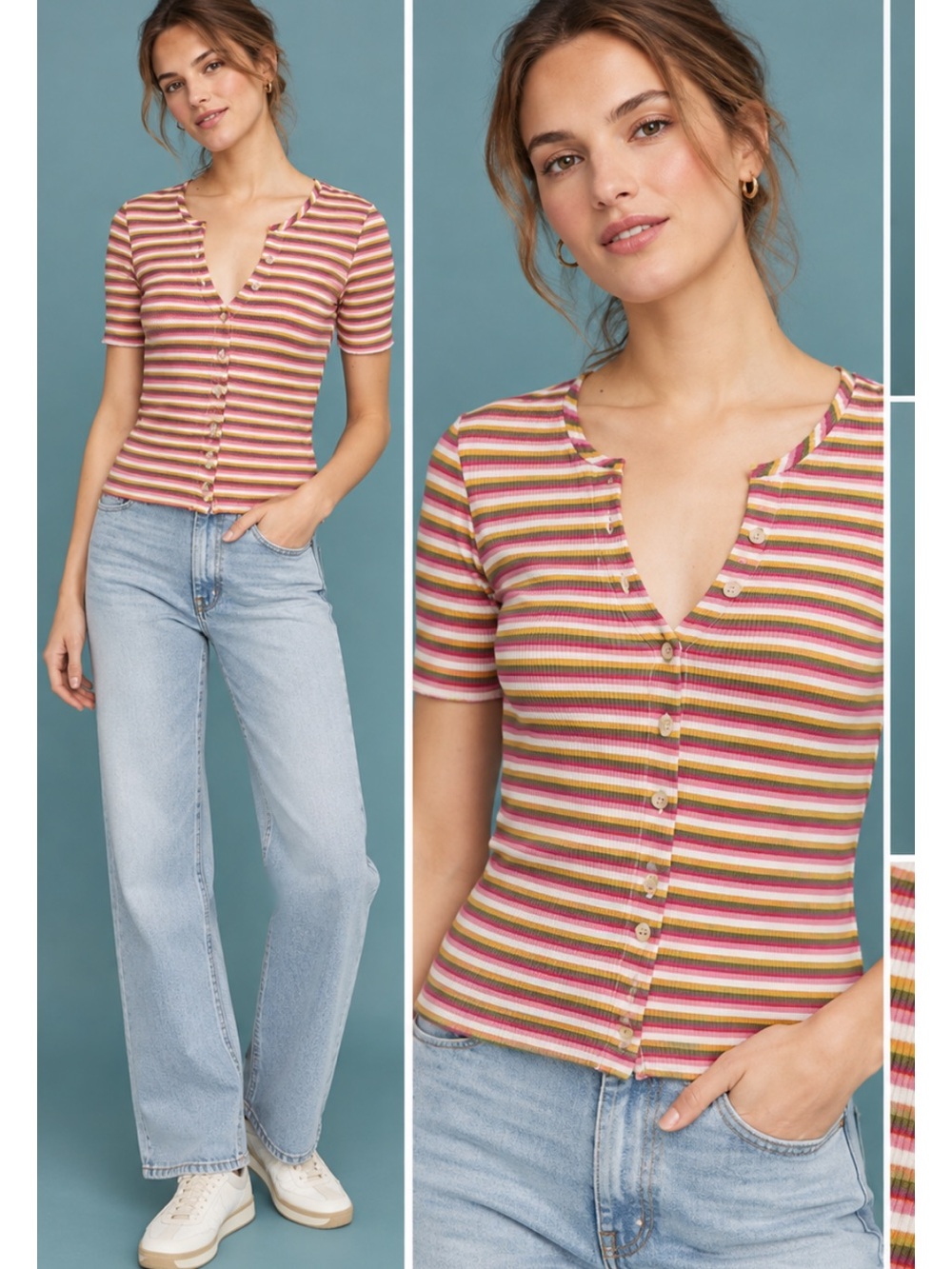 Anthropologie Maeve Pink Striped Ribbed Short Sleeve Button Front Tee